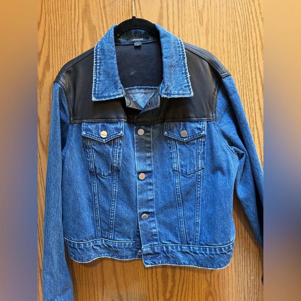 Lamarque Denim Jacket with Leather Accent Shoulders Size Medium